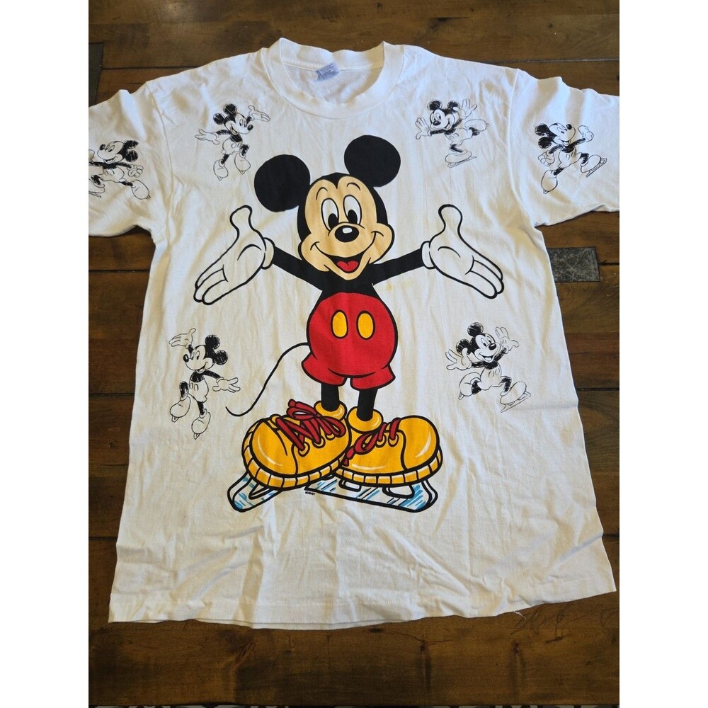Vtg 90s Mickey Mouse Ice Skating All Over Print Tee XL Anvil AOP Single Stitch